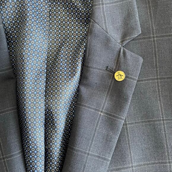 Original Penguin Men’s 40R Blue Windowpane Blazer Coat Wool Jacket Lapel Pin - Picture 2 of 8